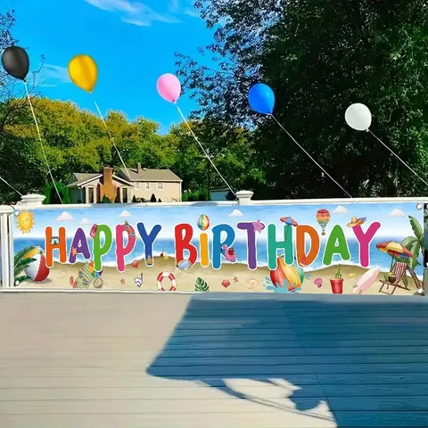 Colorful Summer Beach Birthday Banner Polyester Backdrop Happy Birthday Party Supplies Outdoor Garden Patio Decoration Hanging Bunting