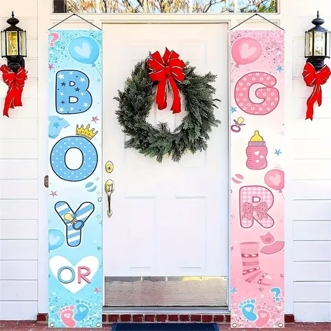 Gender Reveal Porch Banner Pink Blue Boy Or Girl Baby Shower Decoration Polyester Fabric Door Hanging Sign Banner Set
