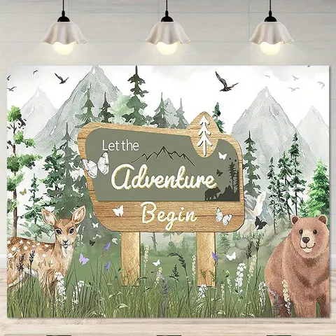 Waldabenteuer Thema Fotografie Hintergrund Polyester Hirsch Braunbär Druck Kinder Geburtstag Party Wanddekoration Tapisserie