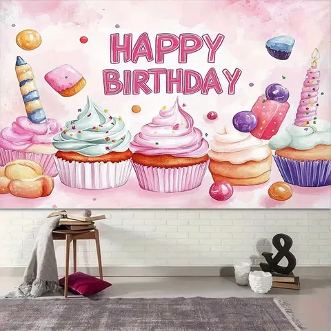 Pink Dessert Theme Happy Birthday Photography Backdrop Watercolor Cupcake Print Polyester Wall Banner For Kids Birthday Party Studio Decor