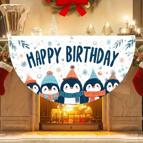 Cartoon Penguin Happy Birthday Fan Shaped Flag Polyester Bunting For Kids Party Yard Fence Decoration White Blue