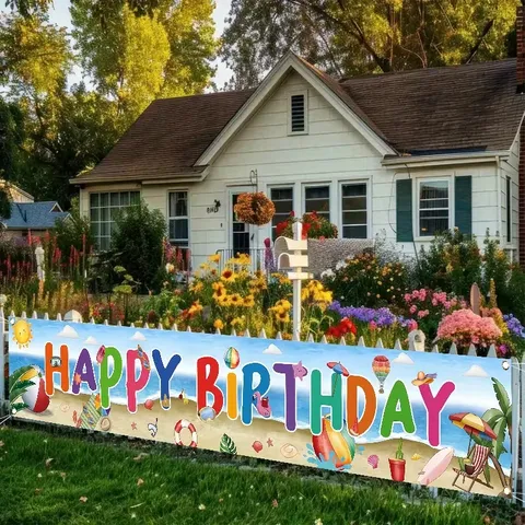 Colorful Summer Beach Birthday Banner Polyester Backdrop Happy Birthday Party Supplies Outdoor Garden Patio Decoration Hanging Bunting