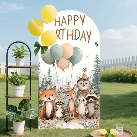 Forest Animal Theme Birthday Party Arched Backdrop Cover Happy Birthday U-Shaped Polyester Pongee Decorative Fabric For Kids Party