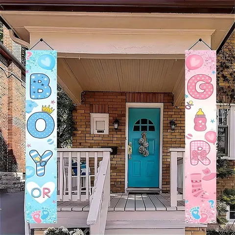 Gender Reveal Porch Banner Pink Blue Boy Or Girl Baby Shower Decoration Polyester Fabric Door Hanging Sign Banner Set
