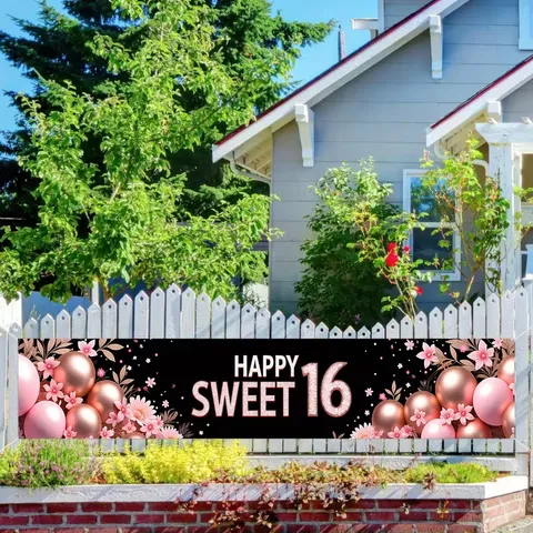 Sweet 16 Birthday Banner Decoration Black Pink Rose Gold Floral Balloon Party Backdrop For Outdoor Indoor Yard Fence Sign