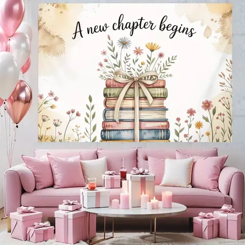 A New Chapter Begins Photography Backdrop Book Floral Graduation Party Decoration Housewarming Banner Polyester Photo Backdrop Cloth
