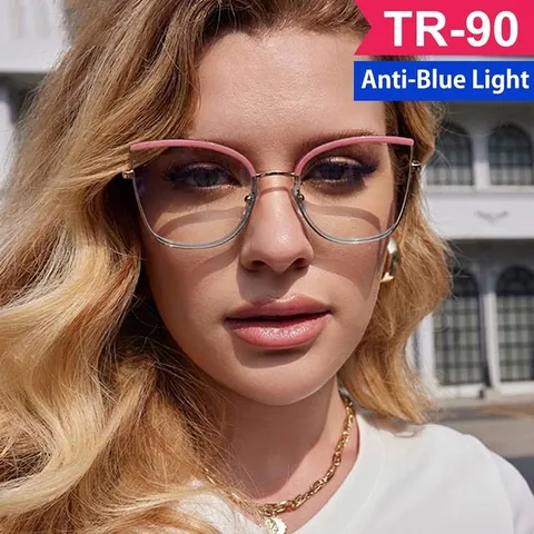 Fashion TR90 Metal Anti-Blue Light Cat-Eye Glasses Frame For Women Vintage Lightweight Clear Lens Optical Eyeglasses Frame