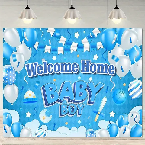 Polyester Baby Shower Photography Backdrop Cloth Blue Balloon Sword Print Welcome Home Boy Party Decoration Banner Wall Hanging Tapestry