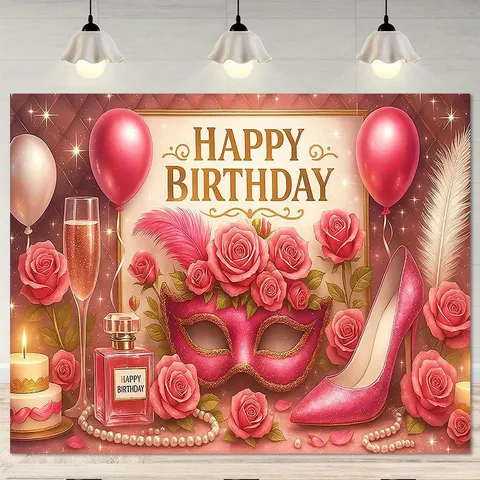 Arrière-plan d'Anniversaire Mascarade Rose Roses Talons Hauts Ballons Parfum Floral Fond de Fête pour Femmes Filles Décoration de Fête d'Anniversaire