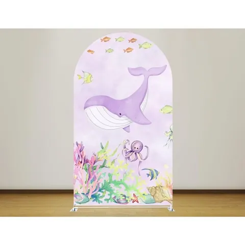 Cartoon Marine Animal Theme Arched Backdrop Cover Purple Whale Seahorse Print Kids Birthday Party Decoration Polyester Photo Wall Hanging