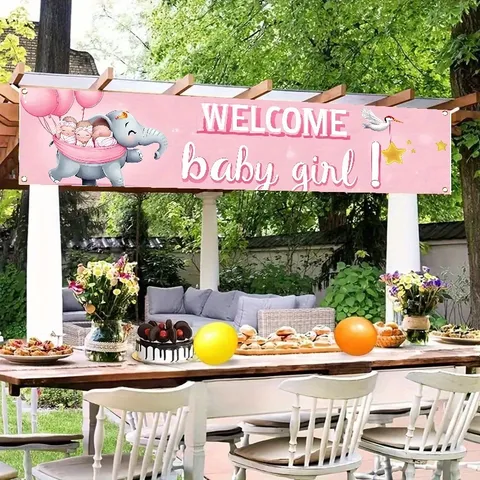 Pink Elephant Baby Shower Banner Backdrop Polyester Welcome Baby Girl Cartoon Elephant Yard Fence Decorative Hanging Poster Cloth For Newborn Party Supplies