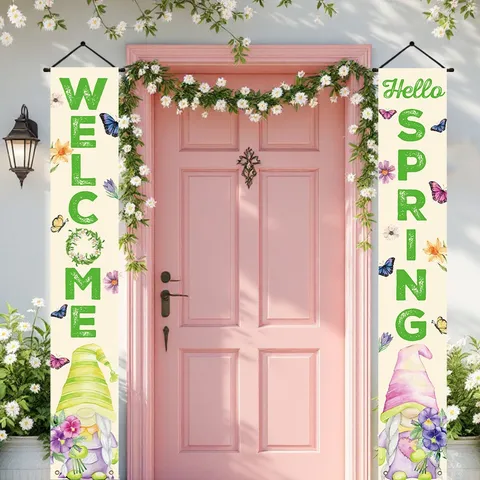 Welcome Spring Gnome Porch Banner Set Outdoor Hanging Sign Floral Garden Door Decoration Hello Spring Pongee Banner Pair