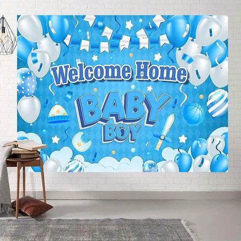 Polyester Baby Shower Photography Backdrop Cloth Blue Balloon Sword Print Welcome Home Boy Party Decoration Banner Wall Hanging Tapestry
