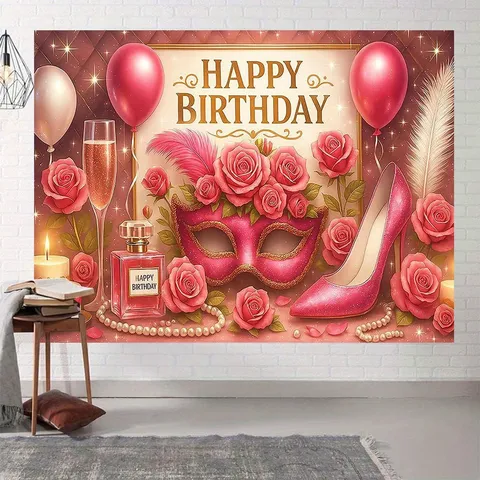 Arrière-plan d'Anniversaire Mascarade Rose Roses Talons Hauts Ballons Parfum Floral Fond de Fête pour Femmes Filles Décoration de Fête d'Anniversaire