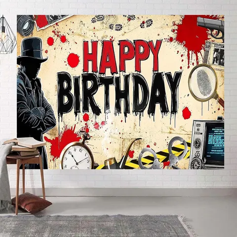 Detective Mystery Theme Birthday Photography Backdrop Vintage Distressed Happy Birthday Banner Polyester Party Decoration Background