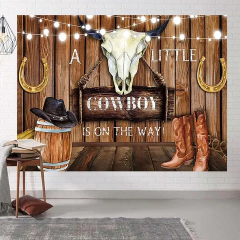 Sfondo Fotografico Western Cowboy Poliestere Teschio di Mucca Stivali Cappello Venature del Legno Baby Shower Festa Decorazione Arazzo