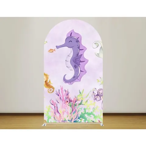Cartoon Marine Animal Theme Arched Backdrop Cover Purple Whale Seahorse Print Kids Birthday Party Decoration Polyester Photo Wall Hanging