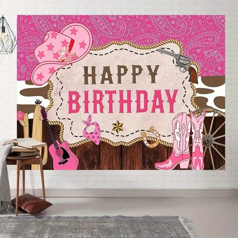 Pink Western Cowboy Theme Photography Backdrop Sweet Cool Girl Birthday Party Decoration Happy Birthday Banner Polyester Photo Background Booth Props