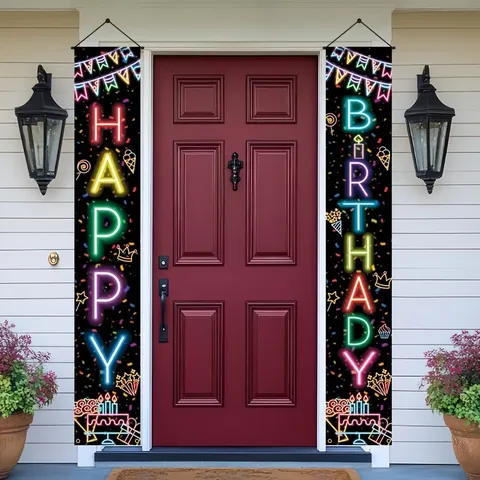 Neon Happy Birthday Porch Banner Polyester Hanging Sign Colorful Birthday Party Porch Decorations For Kids Adults Party