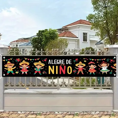 Mexican Children's Day Outdoor Yard Banner Pongee Fence Decor Cartoon Kids Alegre De Niño Spanish Party Hanging Banner
