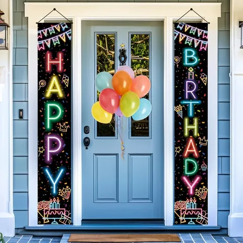 Neon Happy Birthday Porch Banner Polyester Hanging Sign Colorful Birthday Party Porch Decorations For Kids Adults Party
