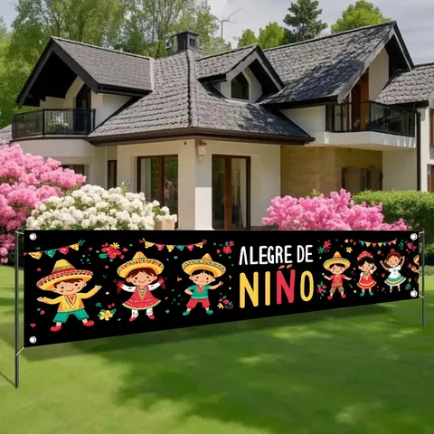 Mexican Children's Day Outdoor Yard Banner Pongee Fence Decor Cartoon Kids Alegre De Niño Spanish Party Hanging Banner