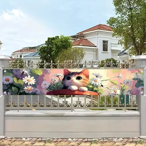 Watercolor Cat Daisy Floral Garden Banner Durable Polyester Spring Party Wall Hanging Outdoor Yard Decoration Accessory