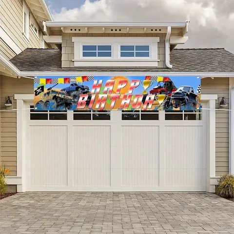 Monster Truck Theme Birthday Party Banner Outdoor Fence Decor Large Polyester Happy Birthday Backdrop For Kids Birthday Celebration