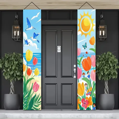 Spring Tulip Seaside Theme Welcome Porch Sign Banner Set For Front Door Garden Outdoor Floral Welcome Hanging Couplet Decor For Entryway