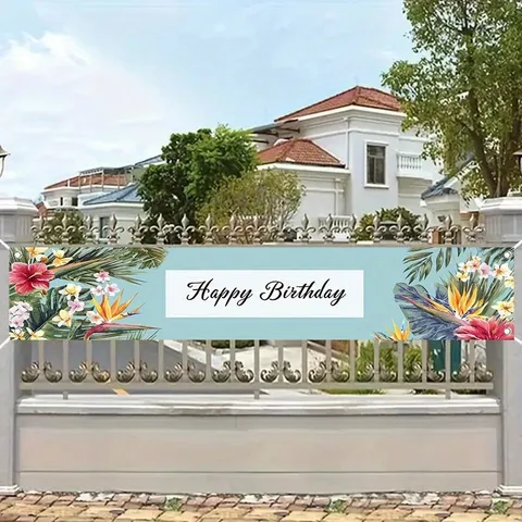 Tropical Floral Happy Birthday Yard Decorative Banner Polyester Summer Outdoor Party Garden Hanging Sign Backdrop Decoration