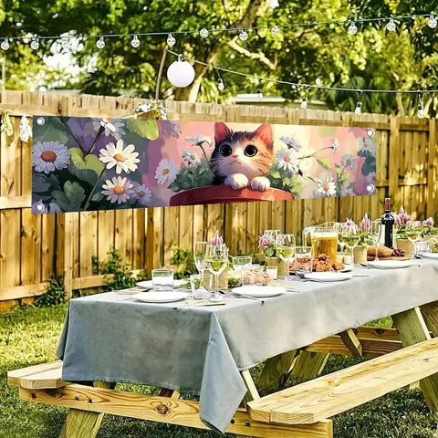 Watercolor Cat Daisy Floral Garden Banner Durable Polyester Spring Party Wall Hanging Outdoor Yard Decoration Accessory