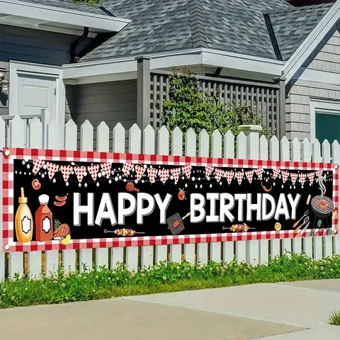BBQ Theme Birthday Banner Red White Checkered Polyester Fabric Banner Outdoor Party Yard Fence Hanging Decoration Happy Birthday Backdrop