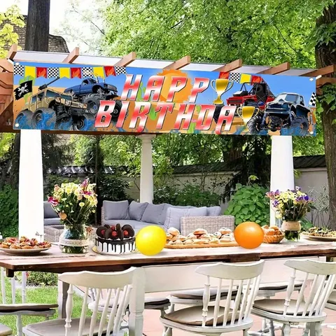 Monster Truck Theme Birthday Party Banner Outdoor Fence Decor Large Polyester Happy Birthday Backdrop For Kids Birthday Celebration
