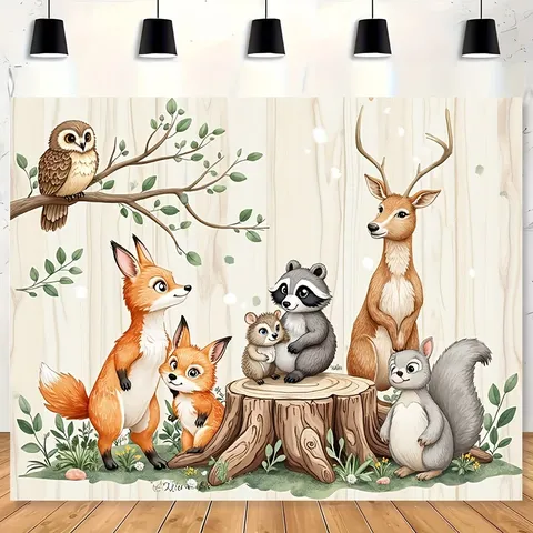 Cartoon Forest Animals Birthday Party Backdrop Woodland Creatures Photography Background Wood Grain Wall Decor Kids Baby Shower Decorative Cloth