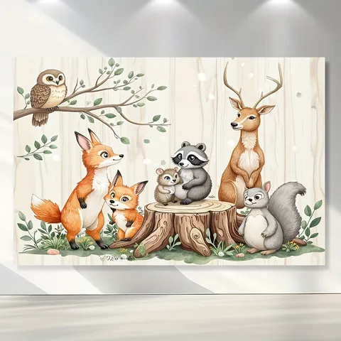 Cartoon Forest Animals Birthday Party Backdrop Woodland Creatures Photography Background Wood Grain Wall Decor Kids Baby Shower Decorative Cloth