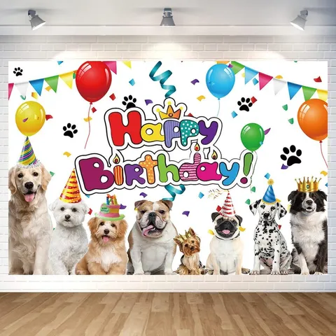 Fondo de Fiesta de Cumpleaños de Perro de Dibujos Animados Happy Birthday Patrón de Cachorros Poliéster Paño de Fondo de Fotografía Para Decoración