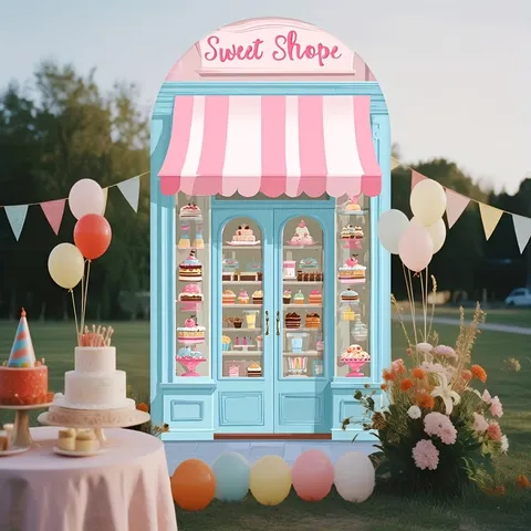 Arched Backdrop Cover Sweet Shoppe Dessert Shop Theme Pink Blue Cartoon Cake Photography Background For Birthday Afternoon Tea Party Decorations