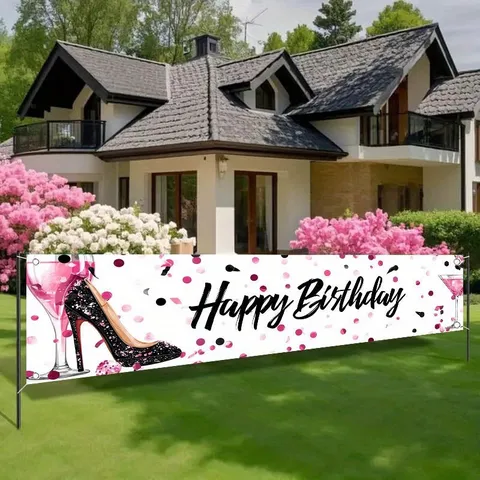 Banner Buon Compleanno con Tacchi Alti Rosa e Calice di Vino per Ragazze Donne Sfondo in Poliestere Decorazioni per Feste