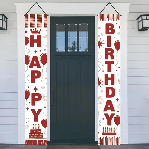 Red White Birthday Porch Banner Vertical Door Couplet Happy Birthday Hanging Flag For Yard Home Party Decoration Supplies Polyester