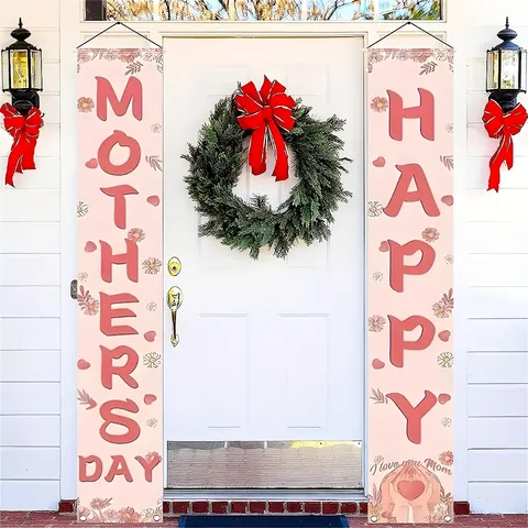 Mother's Day Porch Sign Banner Pongee Polyester Floral Printed Hanging Flag Warm Pink Outdoor Door Couplet For Home Decor