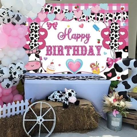 Pink Cow Print Birthday Backdrop For Girls Sweet Cool Style Happy Birthday Photography Background Polyester Party Decoration Banner