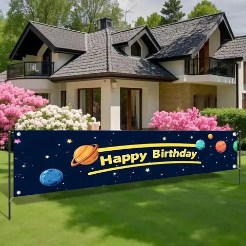 Outer Space Universe Planet Theme Birthday Decoration Banner Colorful Planets Printed Happy Birthday Background Party Banner