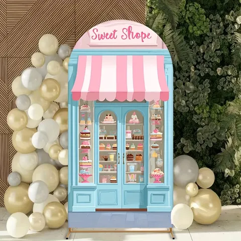 Arched Backdrop Cover Sweet Shoppe Dessert Shop Theme Pink Blue Cartoon Cake Photography Background For Birthday Afternoon Tea Party Decorations