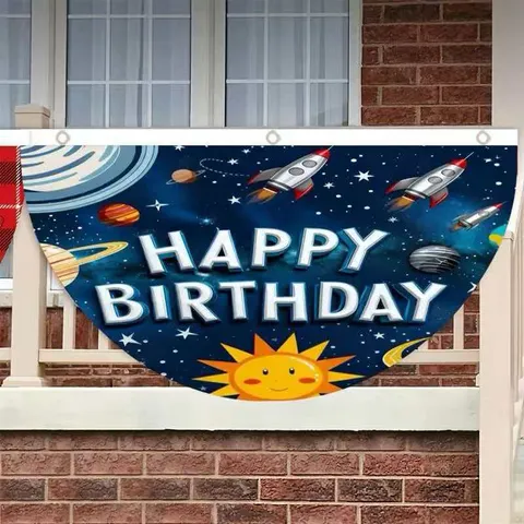 Ruimte Thema Verjaardag Decoratie Geplooide Waaier Vlag Cartoon Raket Planeet Sterrenhemel Wandkleed Banner Voor Kinderen Feest