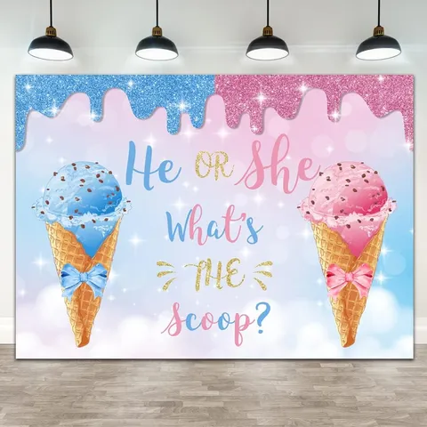 Ice Cream Gender Reveal Photography Backdrop He Or She Scoop Theme Pink Blue Boy Or Girl Baby Shower Party Decoration Wall Banner Tapestry