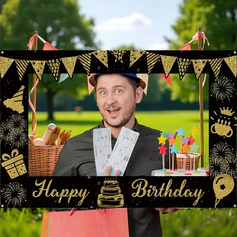 Schwarz Gold Happy Birthday Hintergrund Polyester Banner Hohl Geschnitten Foto Requisiten Geburtstag Party Dekorationen Kuchen Ballon Druck
