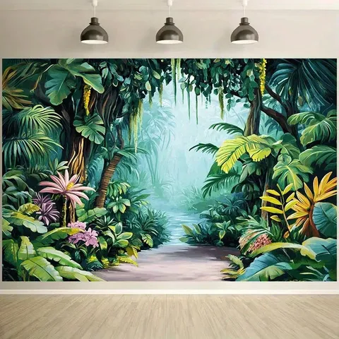 Oil Painting Tropical Rainforest Backdrop Polyester Green Plants Flowers Photo Background Cloth Home Wall Decor Tapestry