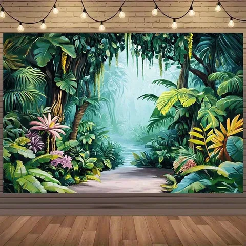 Oil Painting Tropical Rainforest Backdrop Polyester Green Plants Flowers Photo Background Cloth Home Wall Decor Tapestry