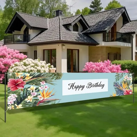 Tropical Floral Happy Birthday Yard Decorative Banner Polyester Summer Outdoor Party Garden Hanging Sign Backdrop Decoration