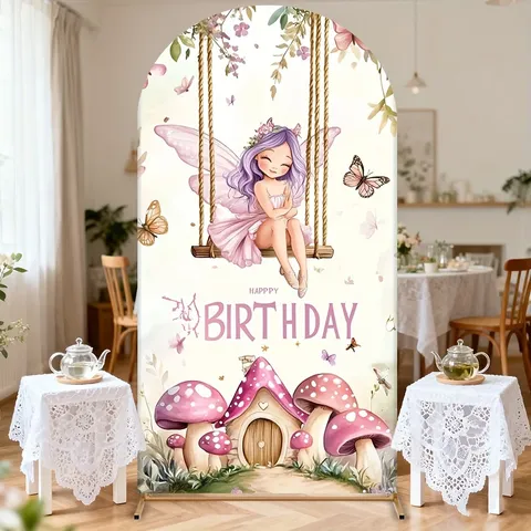 Copertura Sfondo ad Arco Fiabesco Poliestere Casa Fungo Fata Stampata Decorazione Festa Compleanno Bambini Sfondo Tessuto